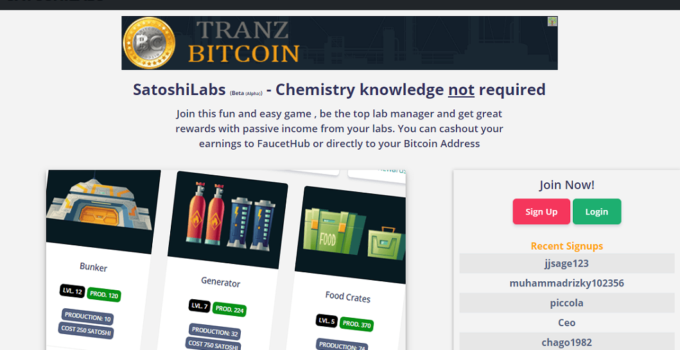 Satoshilabs.net is a site where you can play games – build a lab through ‘purchasing’ items or equipments to boost your lab. Similar to other bitcoin/faucet sites, you can also claim coins or in this case known as lab flasks, which in turn, you can use to upgrade you lab.